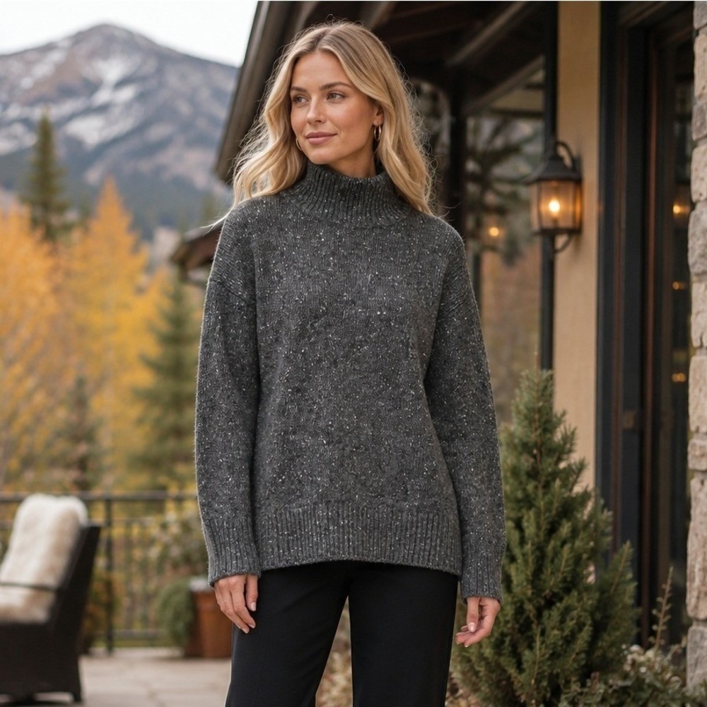 Vince Sweater Womens L Charcoal Gray Wool Alpaca Mock Neck Flecked Knit